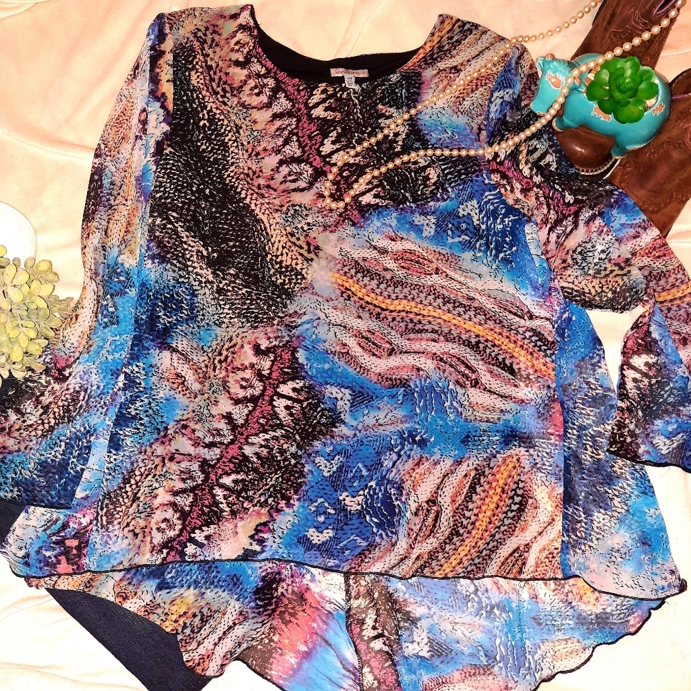 LINEA DOMANI BLUE PRINTED TOP SHEER FRONT LAYER W/BLACK UNDER LINING